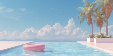 Fototapeta premium Relax by the pool with an inflatable ring under a clear sky and palm trees in a warm setting for summer fun