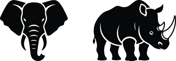 Black silhouettes of an elephant and a rhinoceros on a white background © MDSAMIN