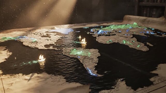 A vast weathered parchment map of the world unfurled on a rustic wooden table with glowing ink highlights