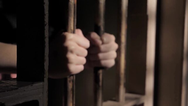 Incarcerated Woman Holding Jail Bars, Criminal Justice Concept