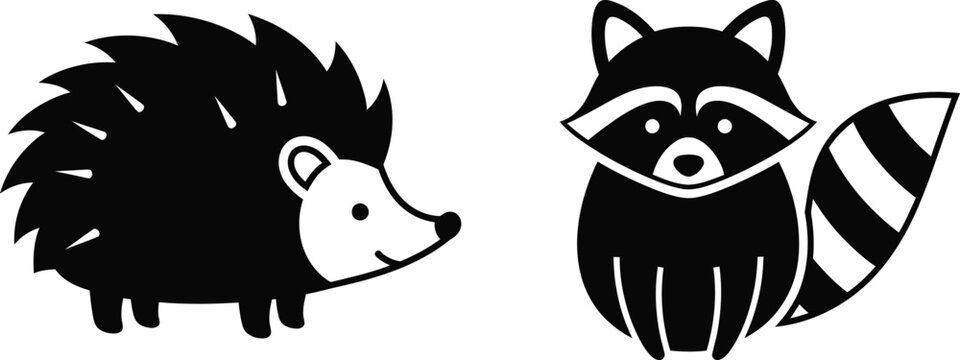 Black and white illustration of a hedgehog and a raccoon side by side