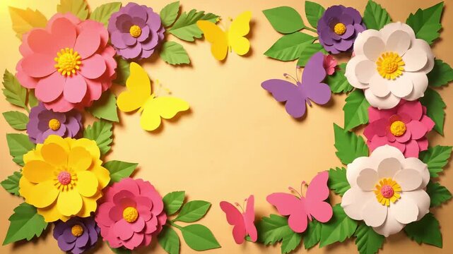 Springtime floral border with colorful butterflies and flower blossoms