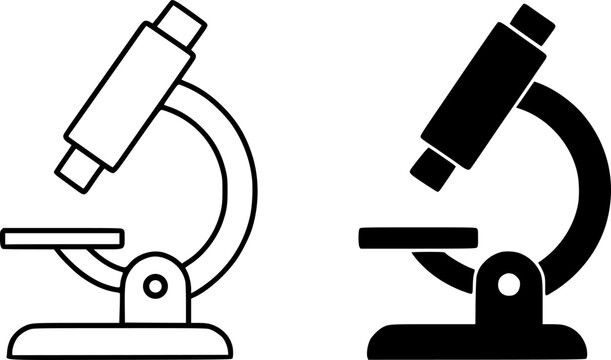 Minimalist microscope icon, black and white in outline and silhouette design style
