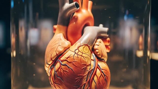 Anatomical heart specimen preserved in a clear display case