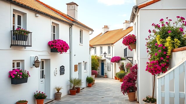 oriflamme. White house with flowers in a coastal village, soft daylight on the facade. real-estate listings, architecture portfolios, designed for real-estate listing and luxury residence showcases.