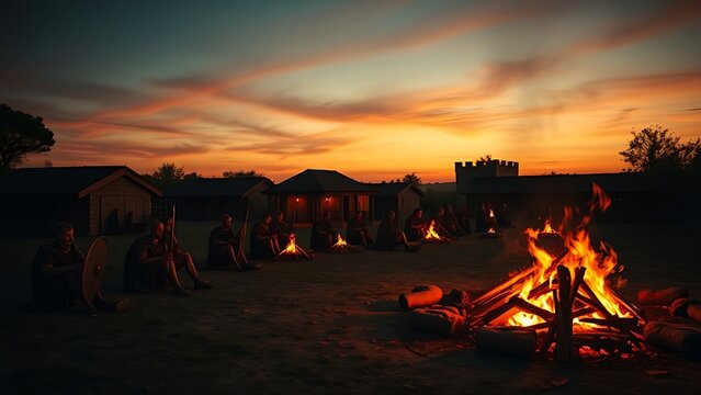 garrison. Ancient Roman military camp at dusk with soldiers by campfires. event programs, museum guides, designed for cultural heritage projects and event programs, preserves heritage.