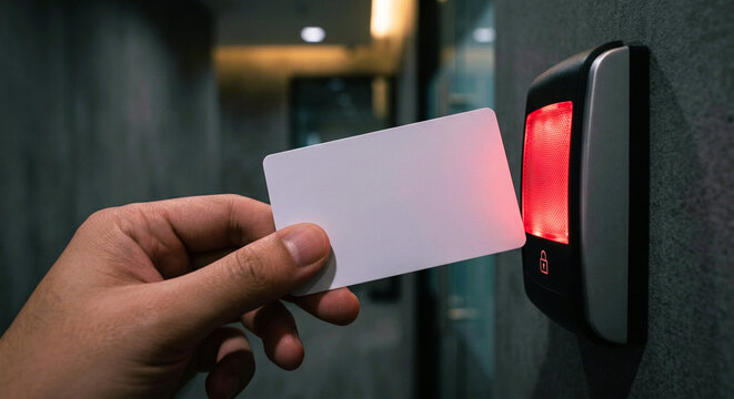 Hand Holding Blank Keycard near Red Access Denied Door Scanner