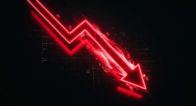 Red Neon Arrow Pointing Down on Dark Financial Stock Market Chart