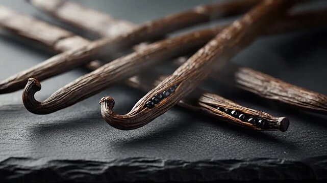 Dried vanilla pods with visible seeds on a dark surface