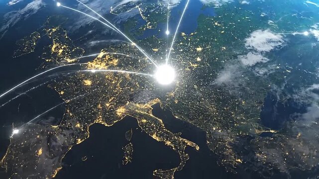 Global network connections emanating from a bright point on planet Earth