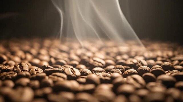 Aromatic roasted coffee beans with steam rising gently