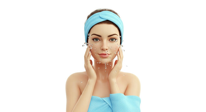 Woman Cleansing Face with Water Droplets and Blue Headband
