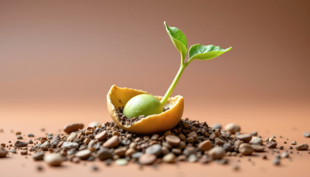 Fresh Green Seedling Emerging From Rocky Soil