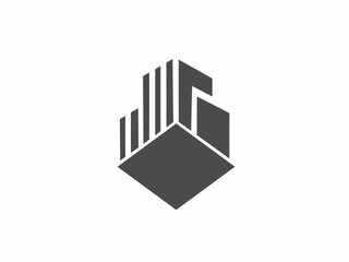 Fototapeta premium Abstract Monochrome Real Estate Logo Icon with Geometric High-Rise Building and Skyscraper Architectural Design Elements