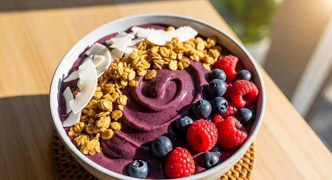 A vibrant purple smoothie bowl topped with granola, fresh berries, and coconut flakes on a wooden table.