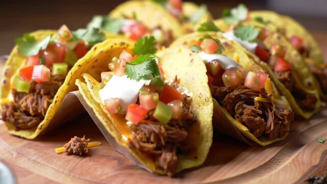 Delicious Beef Tacos with Fresh Toppings on a Wooden Board.