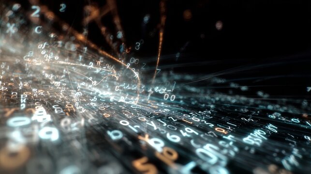 Abstract sci-fi AI concept with swirling letters and glowing words forming language in a futuristic digital system with shallow depth of field.