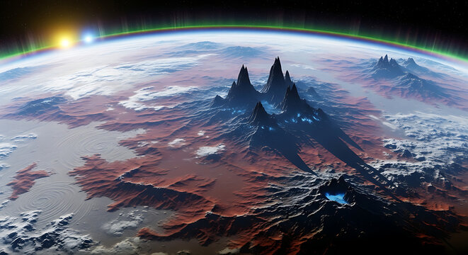 A breathtaking view of a fictional alien planet's mountainous terrain from orbit, with a sun rising over the horizon.