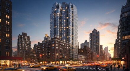 Obraz premium A modern high-rise building with a glass facade and reflective windows, standing tall against a cityscape backdrop with other tall buildings and a street scene with cars and pedestrians.