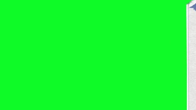 White paper texture tearing from the top right corner to reveal a bright green screen over a blue background surface