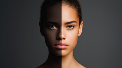 Mysterious Eye in Shadow, Hidden Influence. Contrasting Identities: Human Face Split by Shadow Revealing Hidden Self in Dark Psychology Theme