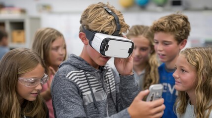 Fototapeta premium Virtual reality experience engages students in class classroom educational content interactive environment close-up view learning innovation
