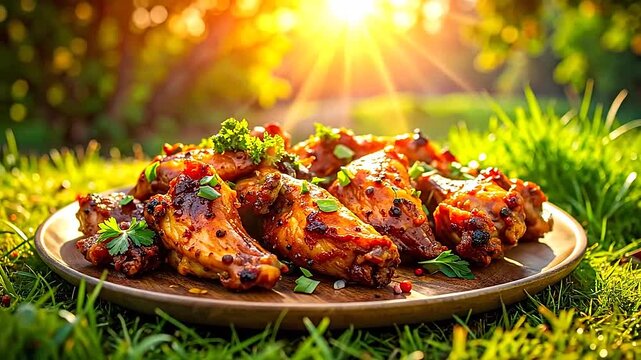 Delicious grilled poultry pieces served outdoors on a wooden platter