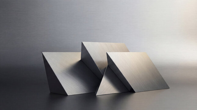 Modern geometric composition featuring three brushed metallic triangles on a reflective surface.