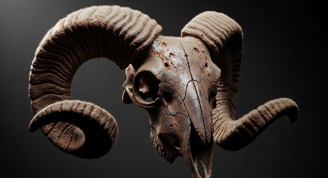 Ram Skull with Curved Horns on Black Background.