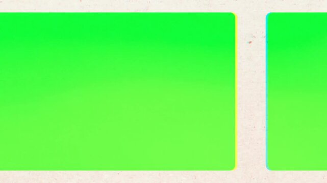 Classic film strip animation showing a green screen frame scrolling from right to left across a textured paper background surface