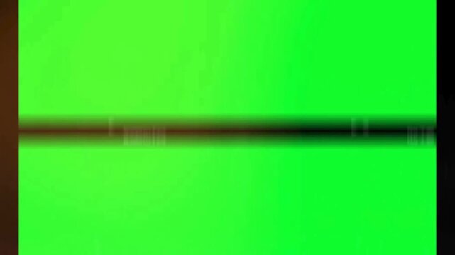 Analog film frame overlay with horizontal glitch effects and vintage light leaks on a vibrant chroma key green screen background for video editing