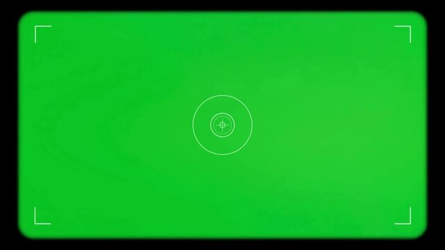 Simple camera viewfinder overlay with focus corners and center circle appearing on a green screen background for video production mockups
