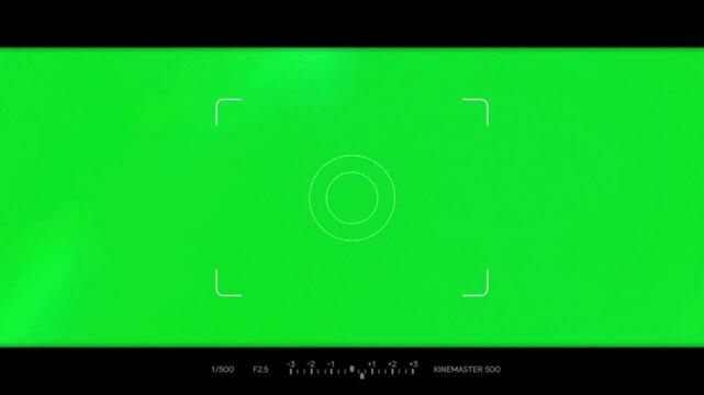 Detailed camera viewfinder overlay on green screen including focus marks exposure scale and technical indicators for professional video recording simulation