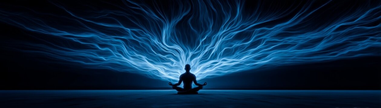Expansive mental breakthrough concept with vibrant blue energy waves emanating from a meditating silhouette against a dark background, symbolizing clarity and insight.