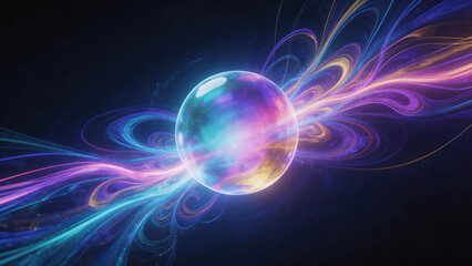 Glowing orb representing AI core emanating colorful light waves forming intricate digital painting on virtual canvas