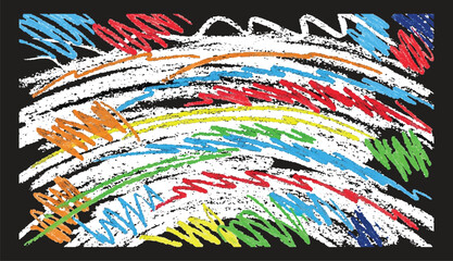 A chaotic and expressive collection of colorful chalk and pastel scribbles over a black background. Featuring wavy white lines and vibrant color hatching,.