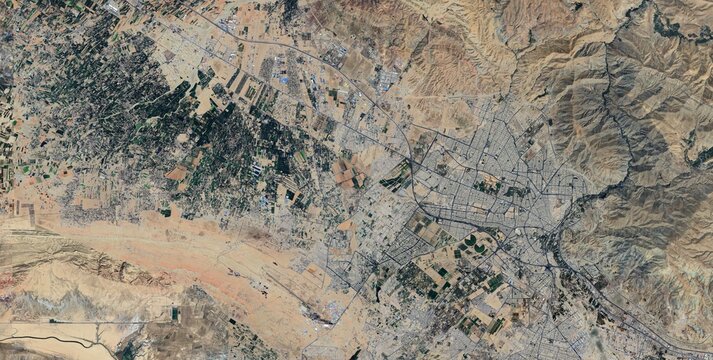 Karaj Iran Urban Expansion and Alborz Mountain Foothills Satellite View