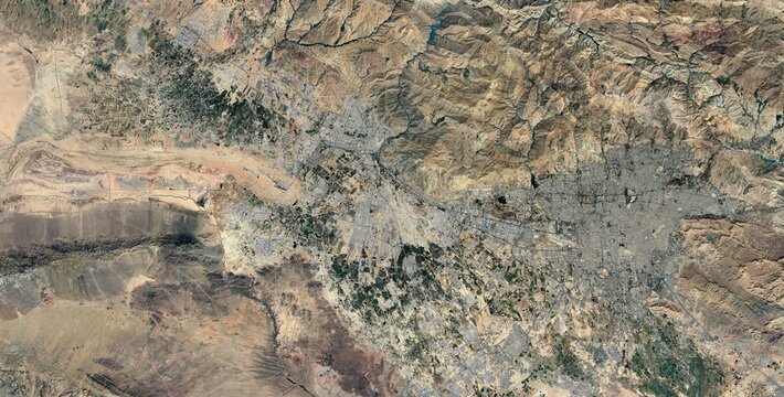 Karaj Iran Urban Expansion and Alborz Mountain Foothills Satellite View