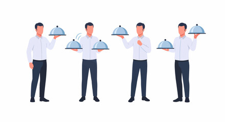 Obraz premium Four men in white shirts and dark pants, acting as waiters, holding serving trays with cloches.