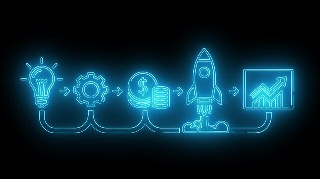 Neon-lit blue flowchart illustration of business growth and innovation on a black background with glowing icons.