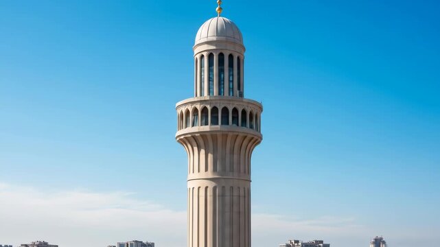 Tall Ornate Minaret of a Mosque with a Bright Blue Sky Background.