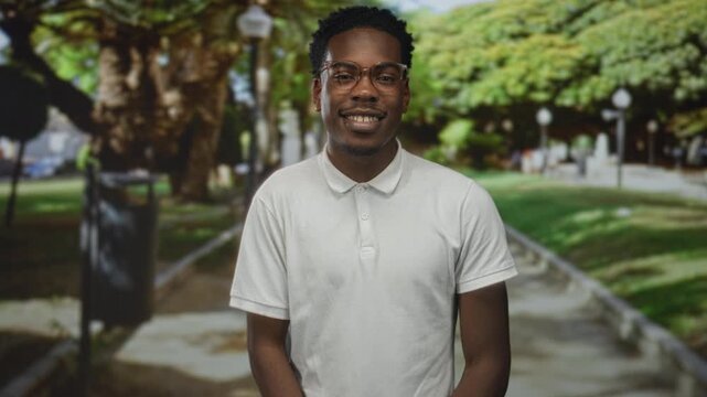 Man with glasses and white polo shirt smiles on street lined with lamp posts and green trees; contentment.