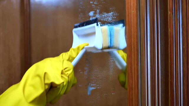 Close-up of a person in yellow gloves using a squeegee to clean a dirty mirror, showing the process of cleaning and removing suds and grime
