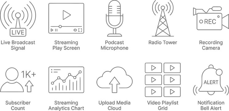 Streaming media icons, live broadcast signal, podcast microphone, video recording symbols