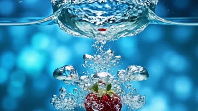 Juicy fresh strawberry falling quickly into a glass of refreshing blue water, generating a beautiful splash and effervescent motion clip.