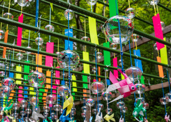 Fototapeta premium Colorful Japanese Wind Chimes Hanging in Summer