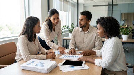 Fototapeta premium Diverse Business Team Meeting and Discussing Strategy with Charts and Tablet