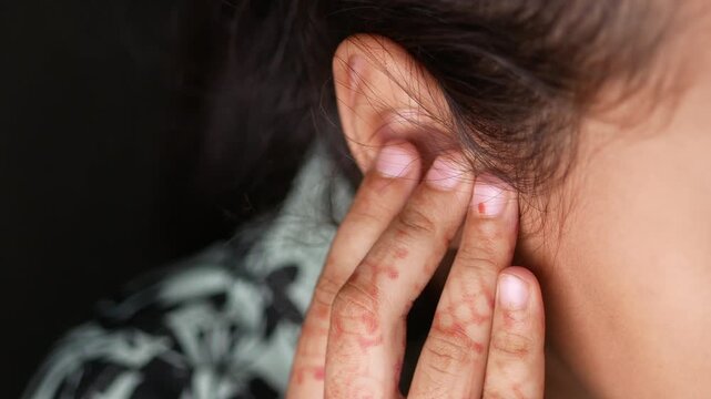 Close up of woman's hand touching her ear in slow motion with intricate henna design