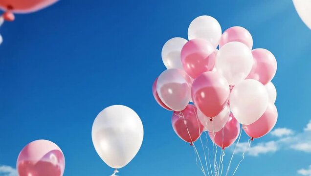 Balloon cluster in pink and white against a clear blue sky  