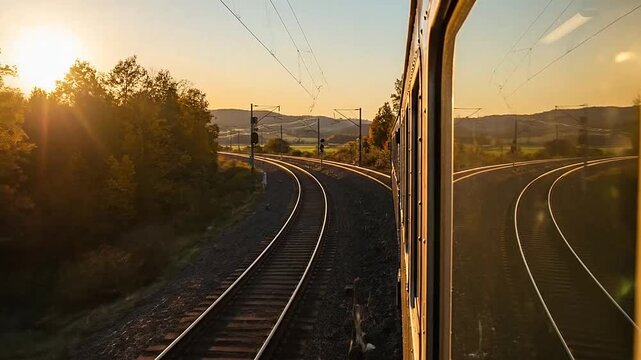 View from a moving train on railway tracks at sunset